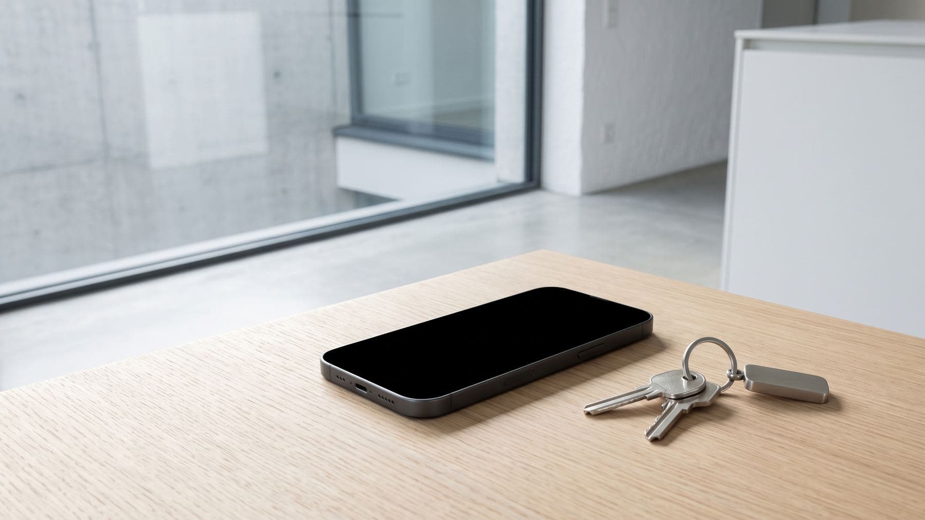 Téléphone posé écran éteint sur une table en chêne clair, un porte-clés à côté