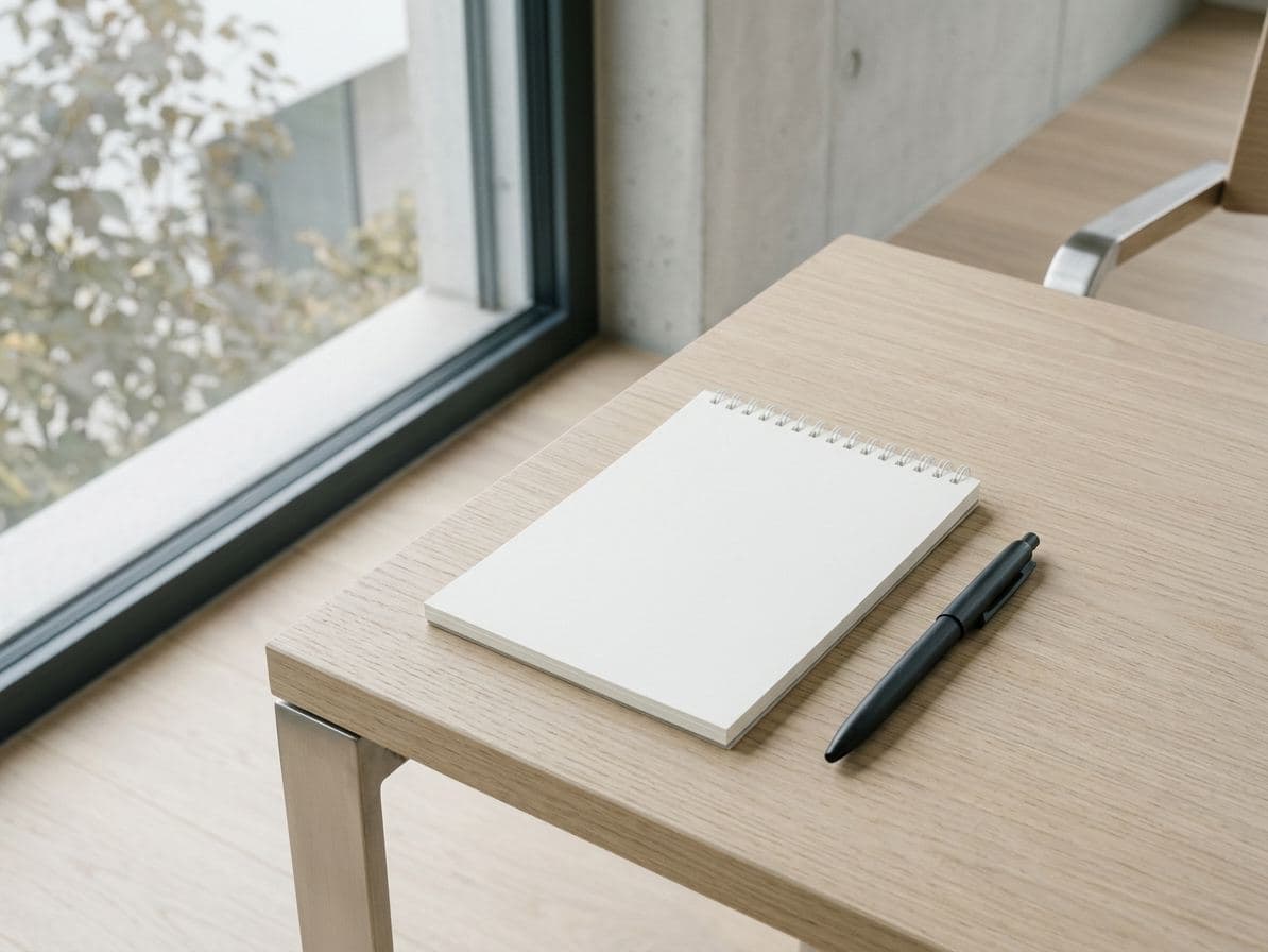 Bloc-notes vierge et stylo posés sur une table en chêne clair