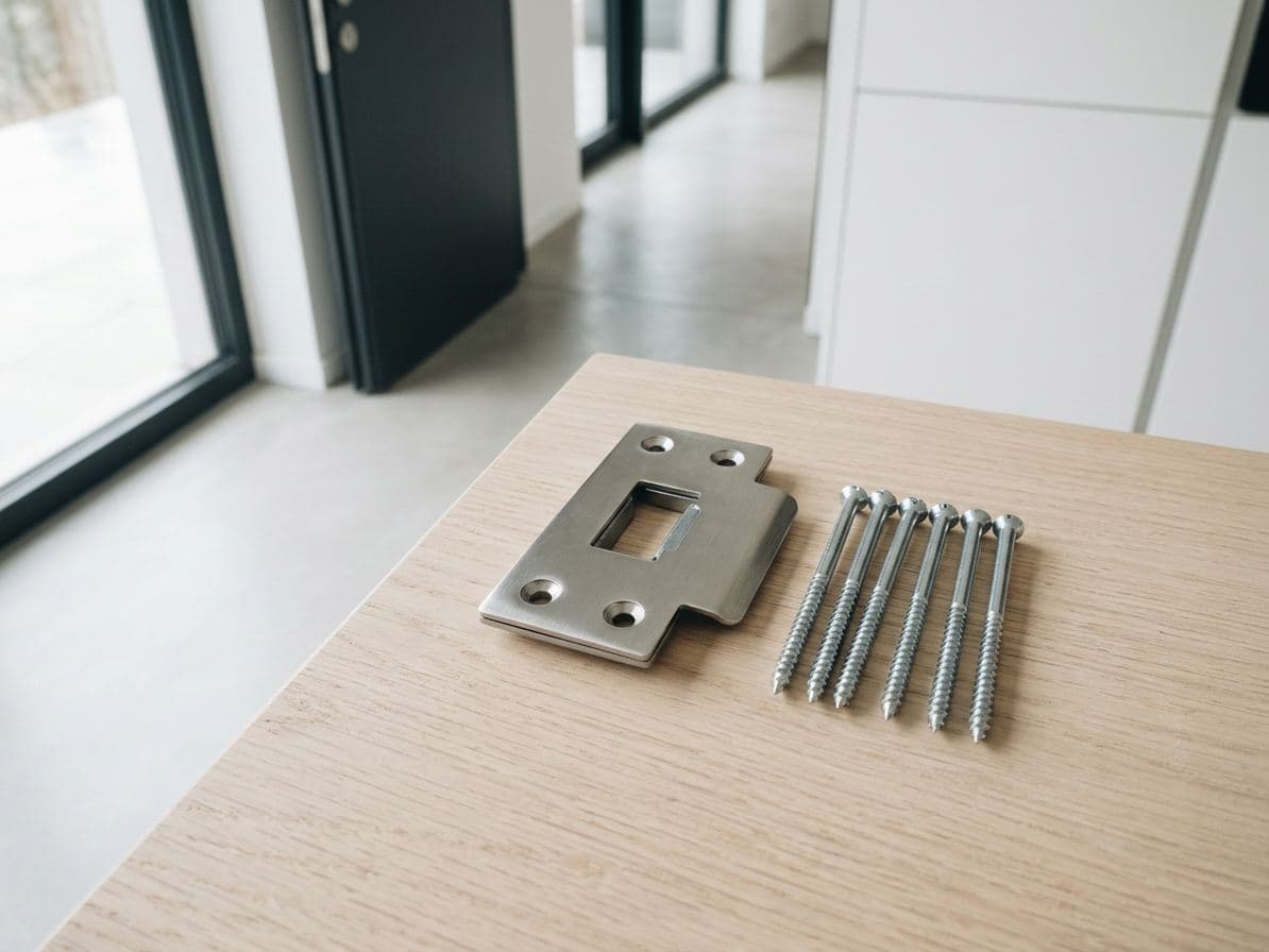 Gâche renforcée en inox neuve et ses vis d’ancrage posées sur un plan de travail clair